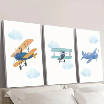 3pcs Blue & Green Cartoon Plane Wall Art Canvas Unframed - High Quality Print 100% Australian Made Wall Canvas
