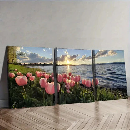 3pcs Tulip Sunset Scene Sun Colorful Perfect Wall Art Set Canvas Unframed - High Quality Print 100% Australian Made Wall Canvas