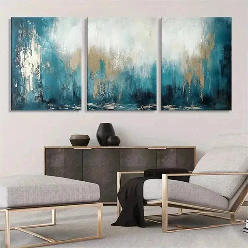 3pcs Abstract Teal Golden Hues Modern Perfect Art Set Canvas Unframed - High Quality Print 100% Australian Made Wall Canvas - Bella Home Decor