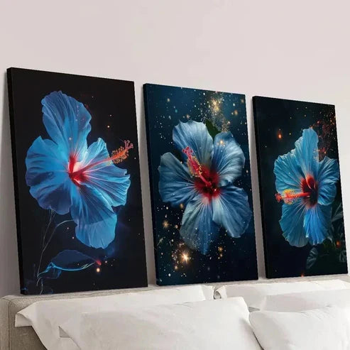 3pcs Blue Hibiscus Flower with Starry Night Wall Art Canvas Unframed - High Quality Print 100% Australian Made Wall Canvas