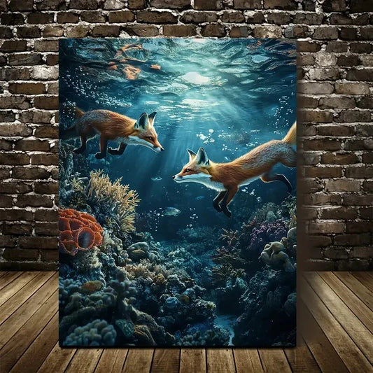 Whimsical Underwater Fox Scene Coral Reef Painting 40x60cm Metal Print Ready to Hang - Bella Home Decor