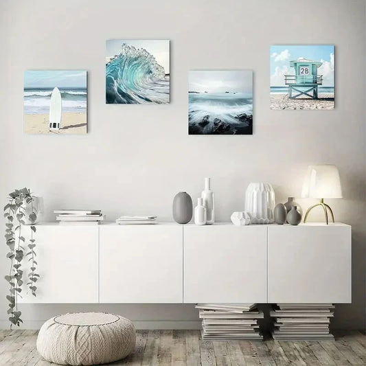 4pcs Summer Melody Surf Ocean Picture Wall Art Canvas Framed
