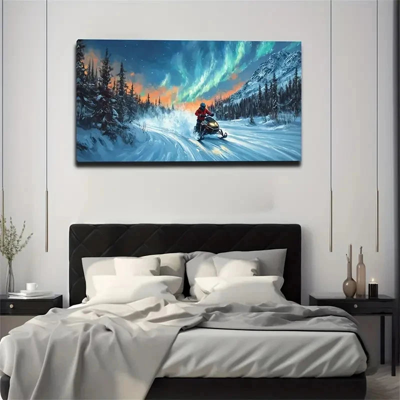 Northern Lights Snowmobile Wall Art Canvas Office Home Room Framed 120x60cm