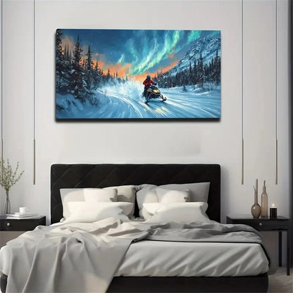 Northern Lights Snowmobile Wall Art Canvas Office Home Room Framed 120x60cm