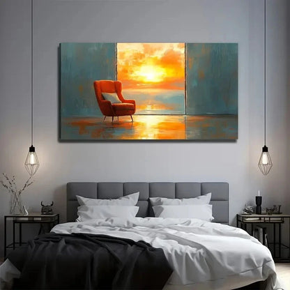 Golden Sunset Red Chair Wall Art Canvas Office Home Room Framed 120x60cm