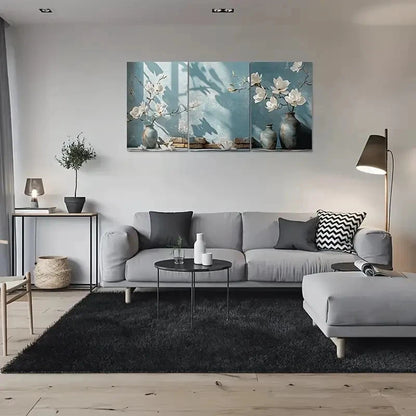 3pcs Abstract White Flower Blue Vase Metal Print Ready to Hang Art - Bella Home Decor