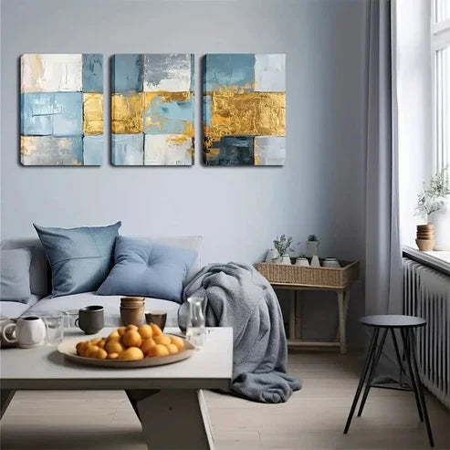 3pcs Painted Textured Panels in Blue & Golden Wall Art Set Canvas Unframed - High Quality Print 100% Australian Made Wall Canvas