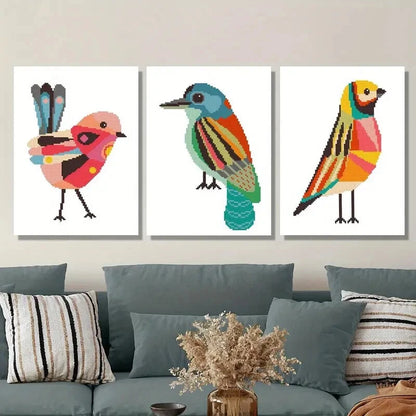 3pcs Geometric birds cross stitch pattern animals Metal Print Ready to Hang Art