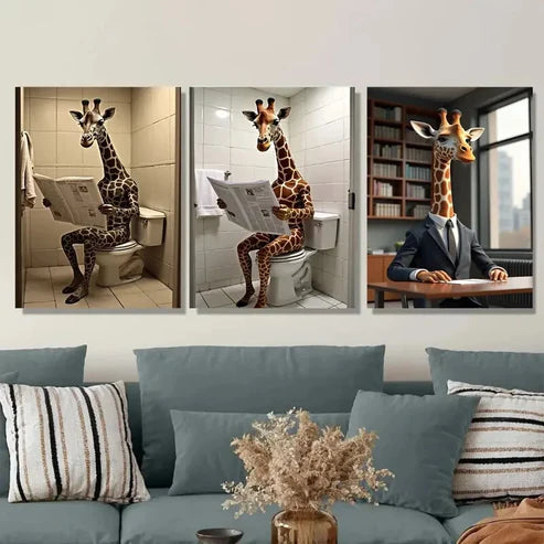 3pcs Giraffe Reading Newspapers Modern & Classic Wall Art Set Canvas Unframed - High Quality Print 100% Australian Made Wall Canvas - Bella Home Decor