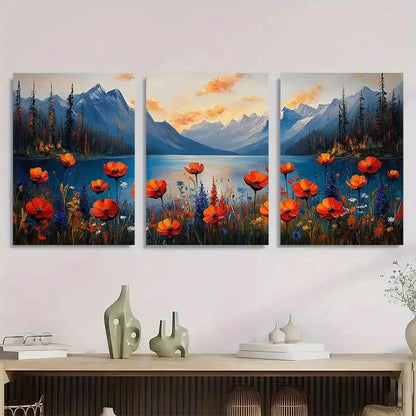 3pcs Vibrant Wildflower Scenery Lake Perfect Wall Art Set Canvas Framed 40x60cm - High Quality Print 100% Australian Made Wall Canvas Ready to Hang - Bella Home Decor