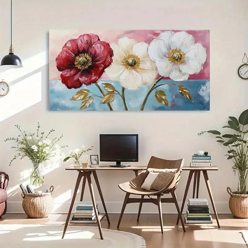 Red Poppies & Green Leaves Wall Art Canvas Office Home Room Framed 120x60cm - Bella Home Decor