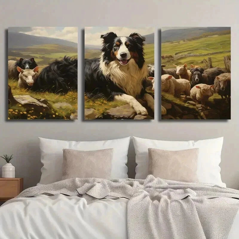 3pcs Sheepdog & Sheep Meadow Scene Perfect Wall Art Set Canvas Framed 50x70cm - High Quality Print 100% Australian Made Wall Canvas Ready to Hang - Bella Home Decor