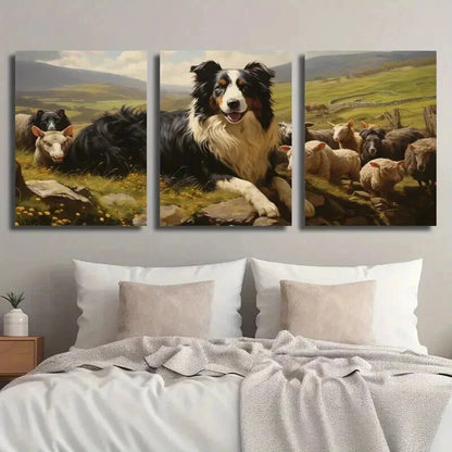 3pcs Sheepdog & Sheep Meadow Scene Perfect Wall Art Set Canvas Framed 50x70cm - High Quality Print 100% Australian Made Wall Canvas Ready to Hang - Bella Home Decor
