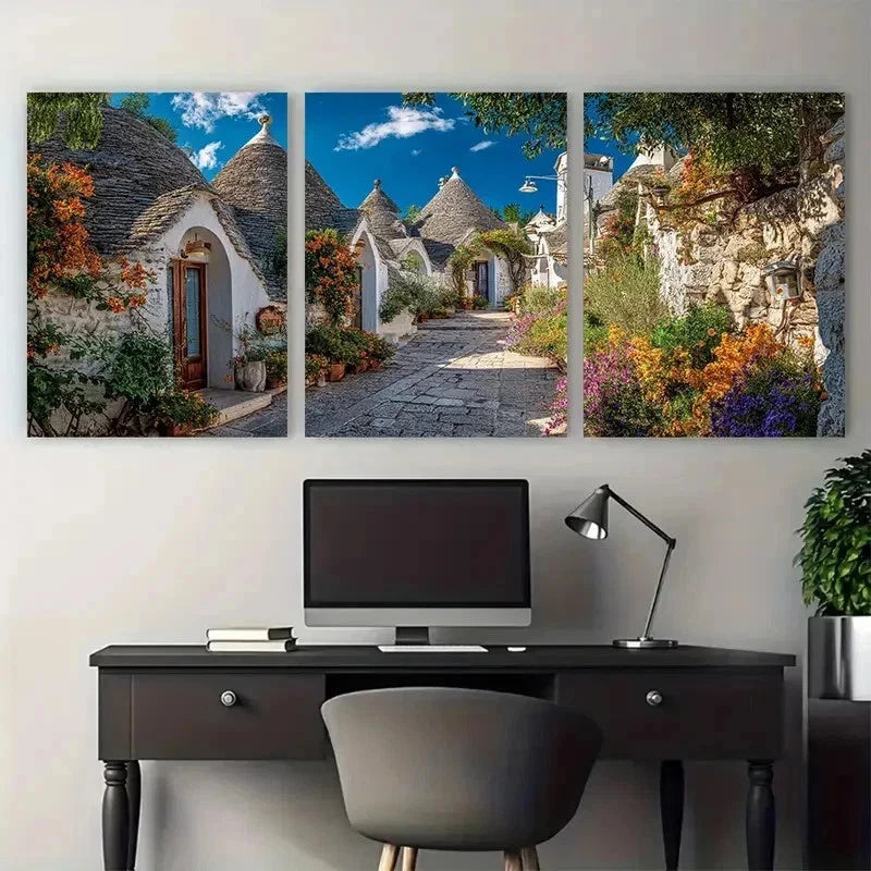 3pcs Vintage Trulli Di Alberobello Perfect Wall Art Set Canvas Framed 50x70cm - High Quality Print 100% Australian Made Wall Canvas Ready to Hang