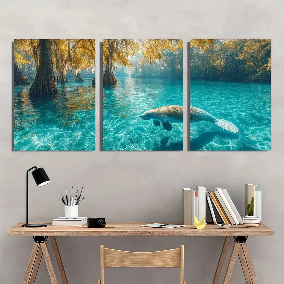 3pcs Serene Manatee Crystal Clear Waters Wall Art Set Canvas Framed 50x70cm - High Quality Print 100% Australian Made Wall Canvas Ready to Hang
