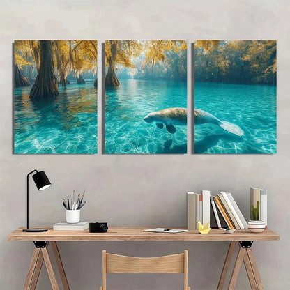 3pcs Serene Manatee Crystal Clear Waters Wall Art Set Canvas Framed 50x70cm - High Quality Print 100% Australian Made Wall Canvas Ready to Hang