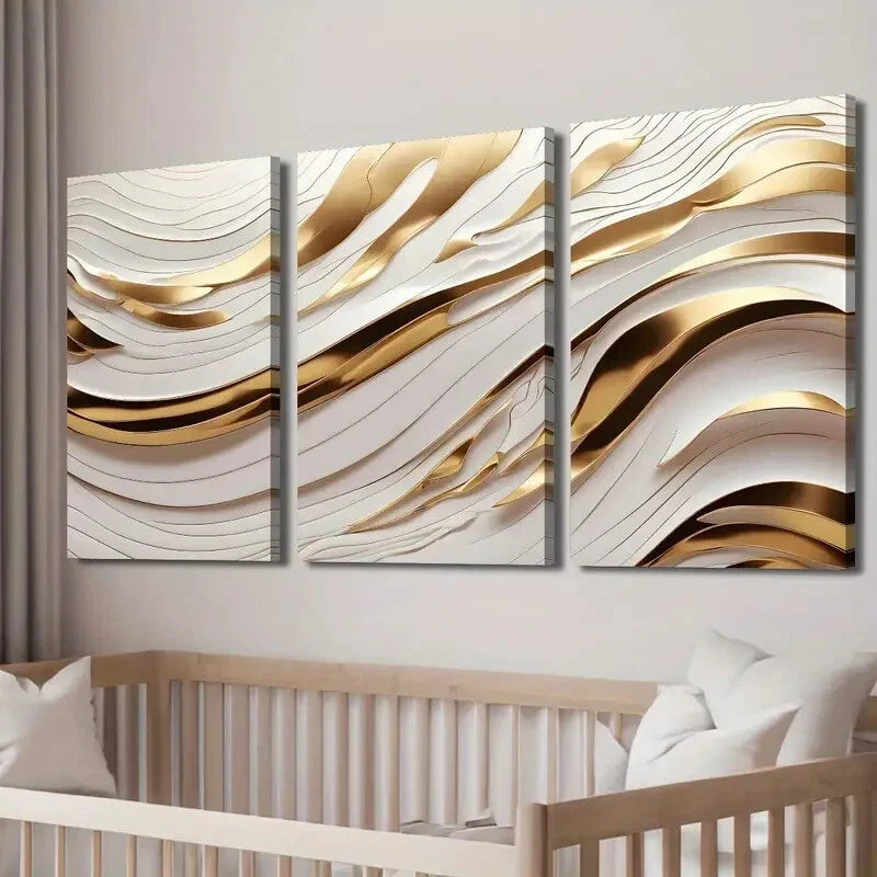 3pcs White Golden Wave Lines Creative Perfect Wall Art Set Canvas Framed 40x60cm - High Quality Print 100% Australian Made Wall Canvas Ready to Hang - Bella Home Decor
