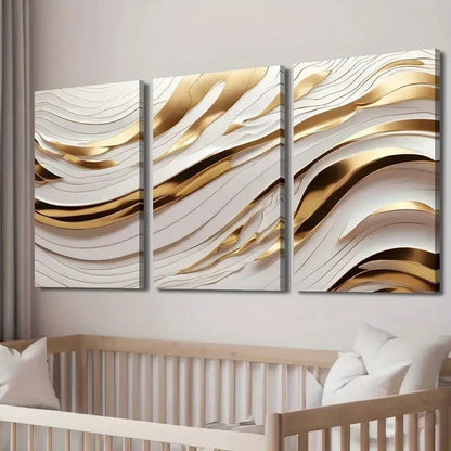 3pcs White Golden Wave Lines Creative Perfect Wall Art Set Canvas Framed 40x60cm - High Quality Print 100% Australian Made Wall Canvas Ready to Hang - Bella Home Decor