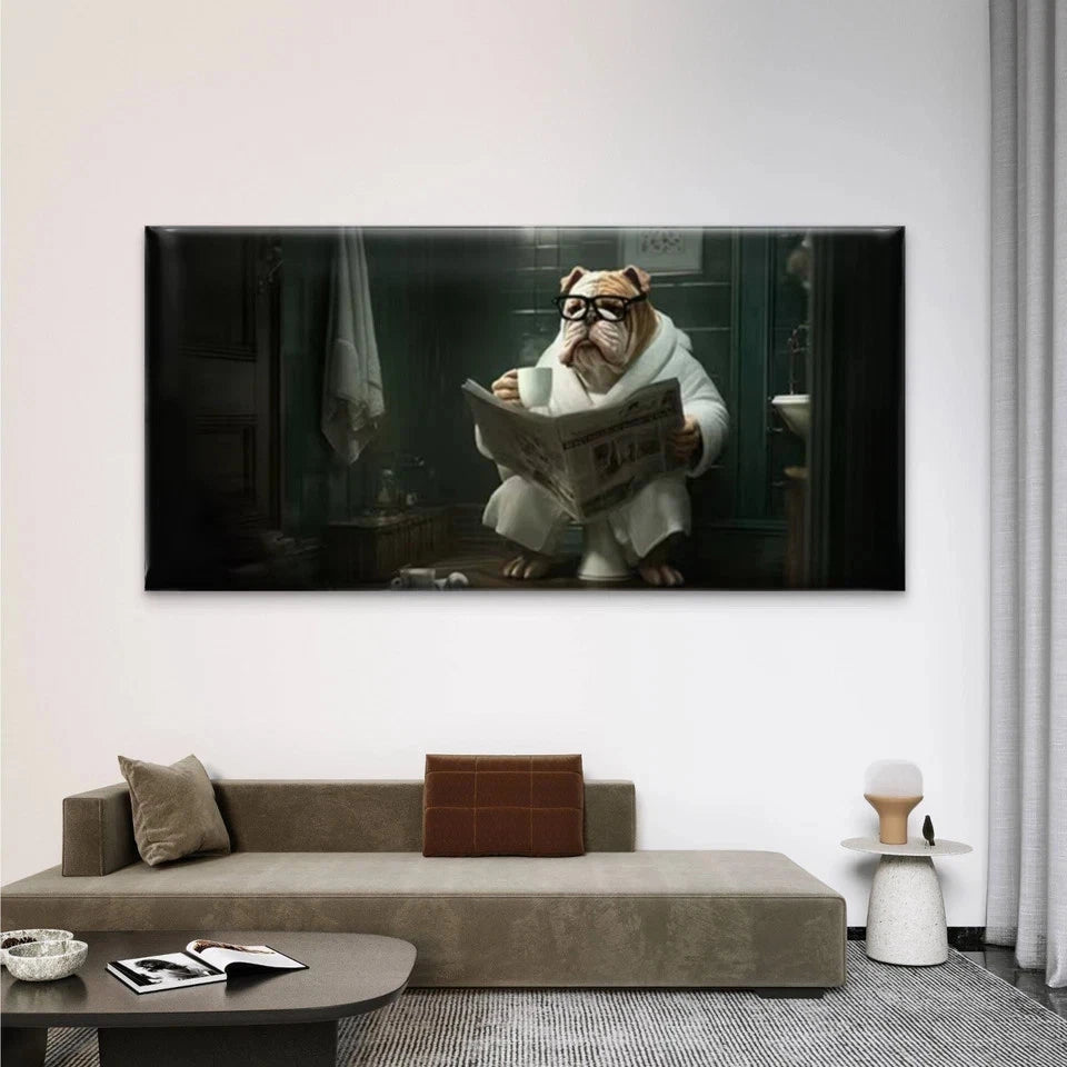 Bulldog Reading Newspaper Wall Art Canvas Office Home Room Framed 120x60cm