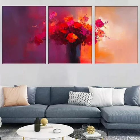 3pcs Abstract Vibrant Red and Orange Blossoms Wall Art Set Canvas Unframed - High Quality Print 100% Australian Made Wall Canvas - Bella Home Decor