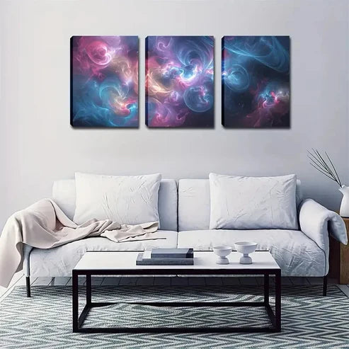 3pcs Pink Blue Yellow Flowing Smoke Abstract Wall Art Set Canvas Unframed - High Quality Print 100% Australian Made Wall Canvas
