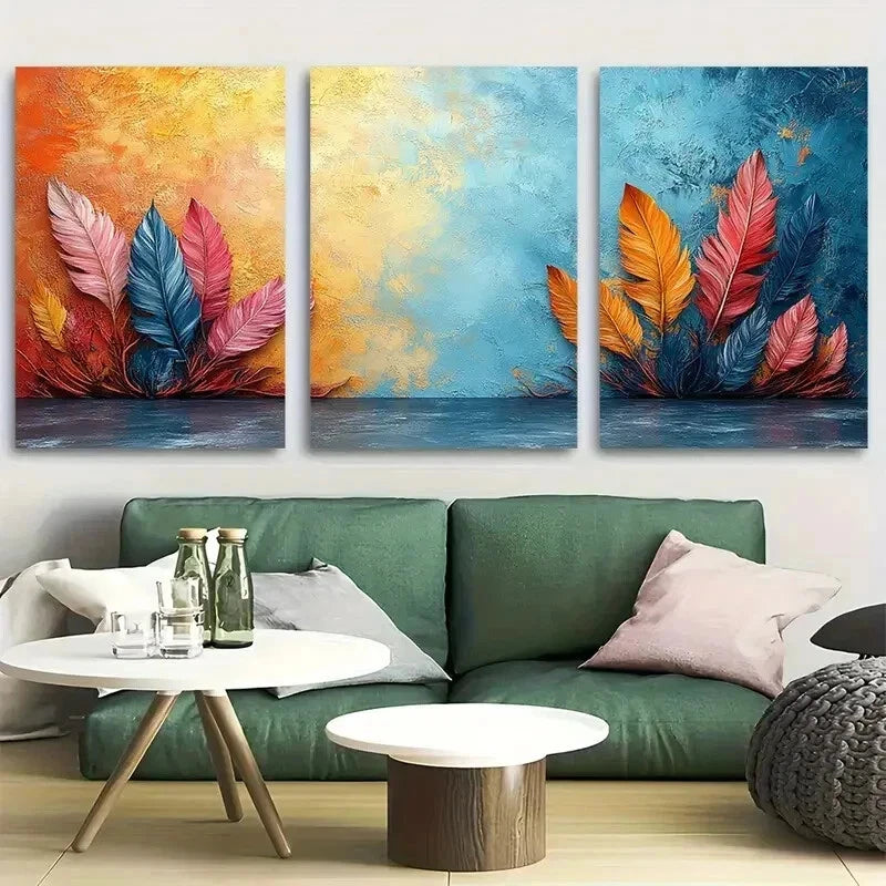 3pcs Vibrant Rustic Bohemian Feather Wall Art Set Canvas Framed 40x60cm - High Quality Print 100% Australian Made Wall Canvas Ready to Hang - Bella Home Decor