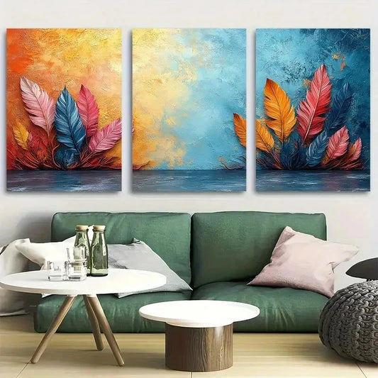 3pcs Vibrant Rustic Bohemian Feather Wall Art Set Canvas Framed 40x60cm - High Quality Print 100% Australian Made Wall Canvas Ready to Hang - Bella Home Decor
