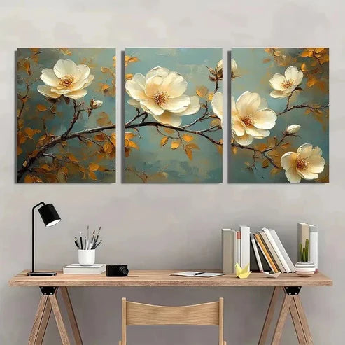 3pcs Classic White Flower & Golden Leaf Wall Art Canvas Unframed - High Quality Print 100% Australian Made Wall Canvas - Bella Home Decor