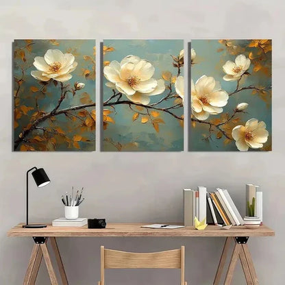 3pcs Classic White Flower & Golden Leaf Wall Art Canvas Unframed - High Quality Print 100% Australian Made Wall Canvas - Bella Home Decor