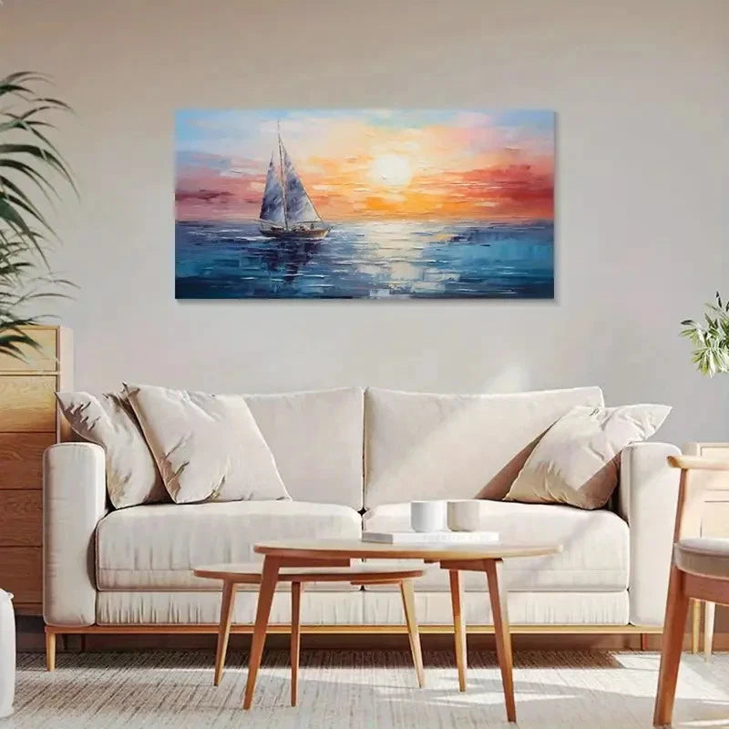 Impressionist Sailboat Sunset Wall Art Canvas Office Home Room Framed 120x60cm
