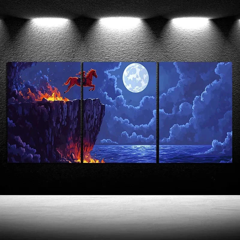 3pcs Red Horse Jumping Under Moonlight Metal Print Ready to Hang Art - Bella Home Decor