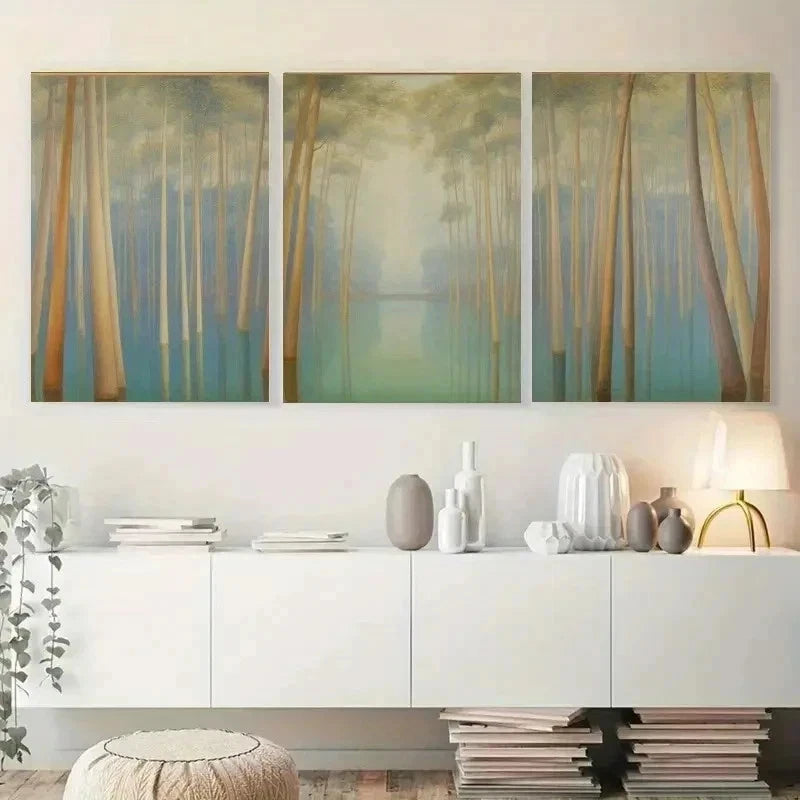 3pcs Tall Trees, Misty Forest, Water Reflection  Wall Art Set Canvas Framed 50x70cm - High Quality Print 100% Australian Made Wall Canvas Ready to Hang - Bella Home Decor