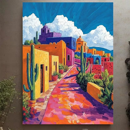 Colorful Adobe Buildings & Cacti Metal Print Ready to Hang