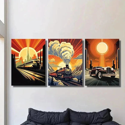 3pcs Steam Age & Industrial Cars & Trains Wall Art Set Canvas Framed 50x70cm - High Quality Print 100% Australian Made Wall Canvas Ready to Hang