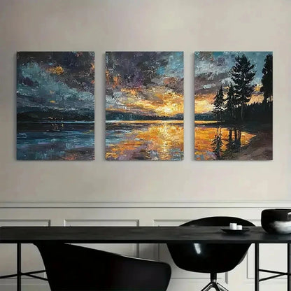 3pcs Sunset on Lake Huntington Paintings Metal Print Ready to Hang Art - Bella Home Decor