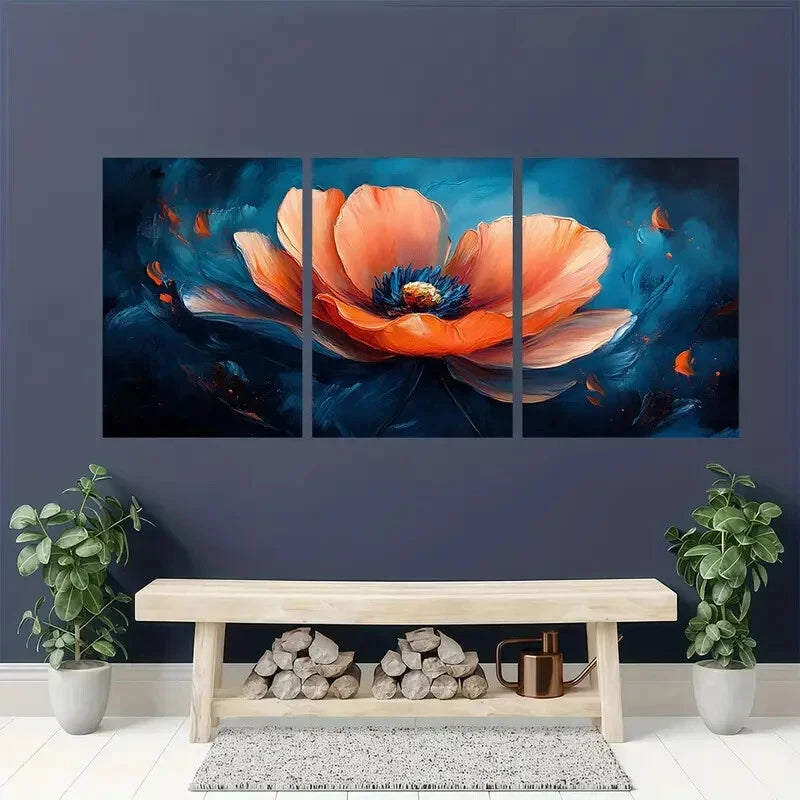 3pcs Orange & Blue Painting Flower Metal Print Ready to Hang Art - Bella Home Decor