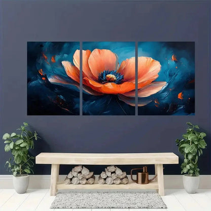 3pcs Orange & Blue Painting Flower Metal Print Ready to Hang Art - Bella Home Decor