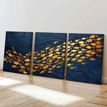 3pcs Abstract Golden Fish & Ocean Waves Wall Art Canvas Unframed - High Quality Print 100% Australian Made Wall Canvas - Bella Home Decor