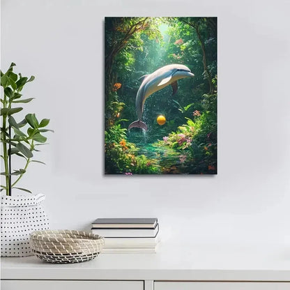 Surreal Dolphin Playing Ball in Lush Green Painting 40x60cm Metal Print Ready to Hang - Bella Home Decor