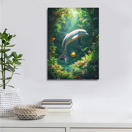 Surreal Dolphin Playing Ball in Lush Green Painting 40x60cm Metal Print Ready to Hang - Bella Home Decor