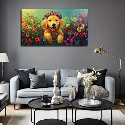 Cute Dog With Flower Wreath Wall Art Canvas Office Home Room Framed 120x60cm