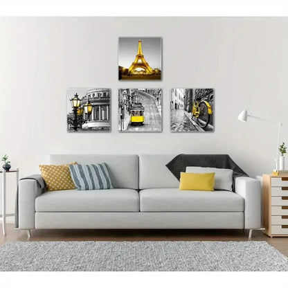 4pcs Eiffel Tower, Vintage Tram & Charming Wall Art Canvas Framed