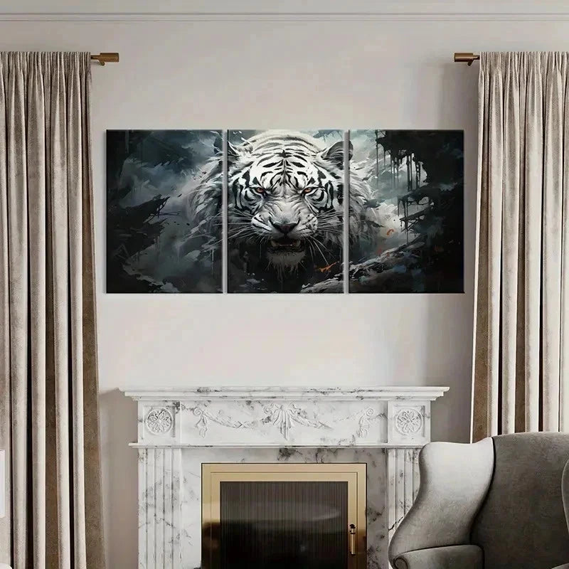 3pcs White Tiger Growling and Staring Wall Art Set Canvas Framed 50x70cm - High Quality Print 100% Australian Made Wall Canvas Ready to Hang