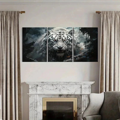 3pcs White Tiger Growling and Staring Wall Art Set Canvas Framed 50x70cm - High Quality Print 100% Australian Made Wall Canvas Ready to Hang