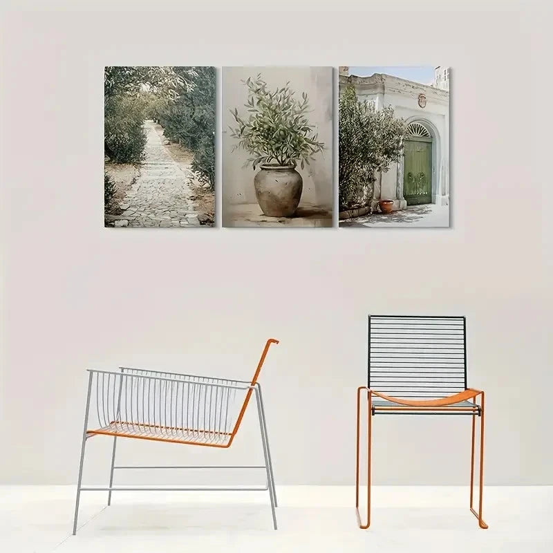 3pcs Vintage Garden Pathway with Olive Tree Metal Print Ready to Hang Art