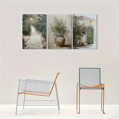 3pcs Vintage Garden Pathway with Olive Tree Metal Print Ready to Hang Art
