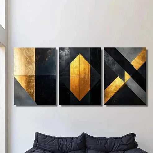 3pcs Golden and Black Geometric Marble Texture Wall Art Canvas Unframed - High Quality Print 100% Australian Made Wall Canvas - Bella Home Decor