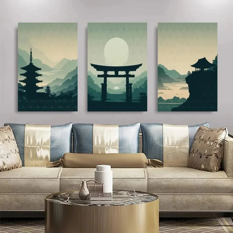 3pcs  Pagoda, Torii Gate, Pavilion, Mountains  Wall Art Set Canvas Framed 60x90cm - High Quality Print 100% Australian Made Wall Canvas Ready to Hang - Bella Home Decor