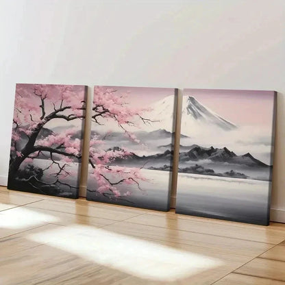 3pcs Sakura Blossoms & Snow Capped Mountain Wall Art Set Canvas Framed 60x90cm - High Quality Print 100% Australian Made Wall Canvas Ready to Hang