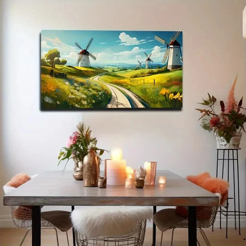 Leisurely Sky Windmills Road Wall Art Ccanvas Office Home Room Framed 120x60cm